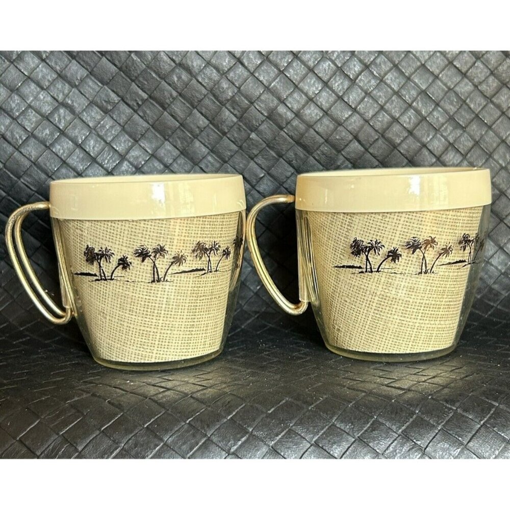 NFC Thermal Coffee Cups Mugs Burlap Palm Trees Metal Handle Vintage Granny Core